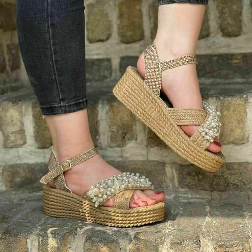 صندل کنفی زنانه دخترانه کفش لژدار مرواریدی نگینی نگین دار نگیندار حصیری پاشنه بلند مجلسی روفرشی کنف رو فرشی شیک